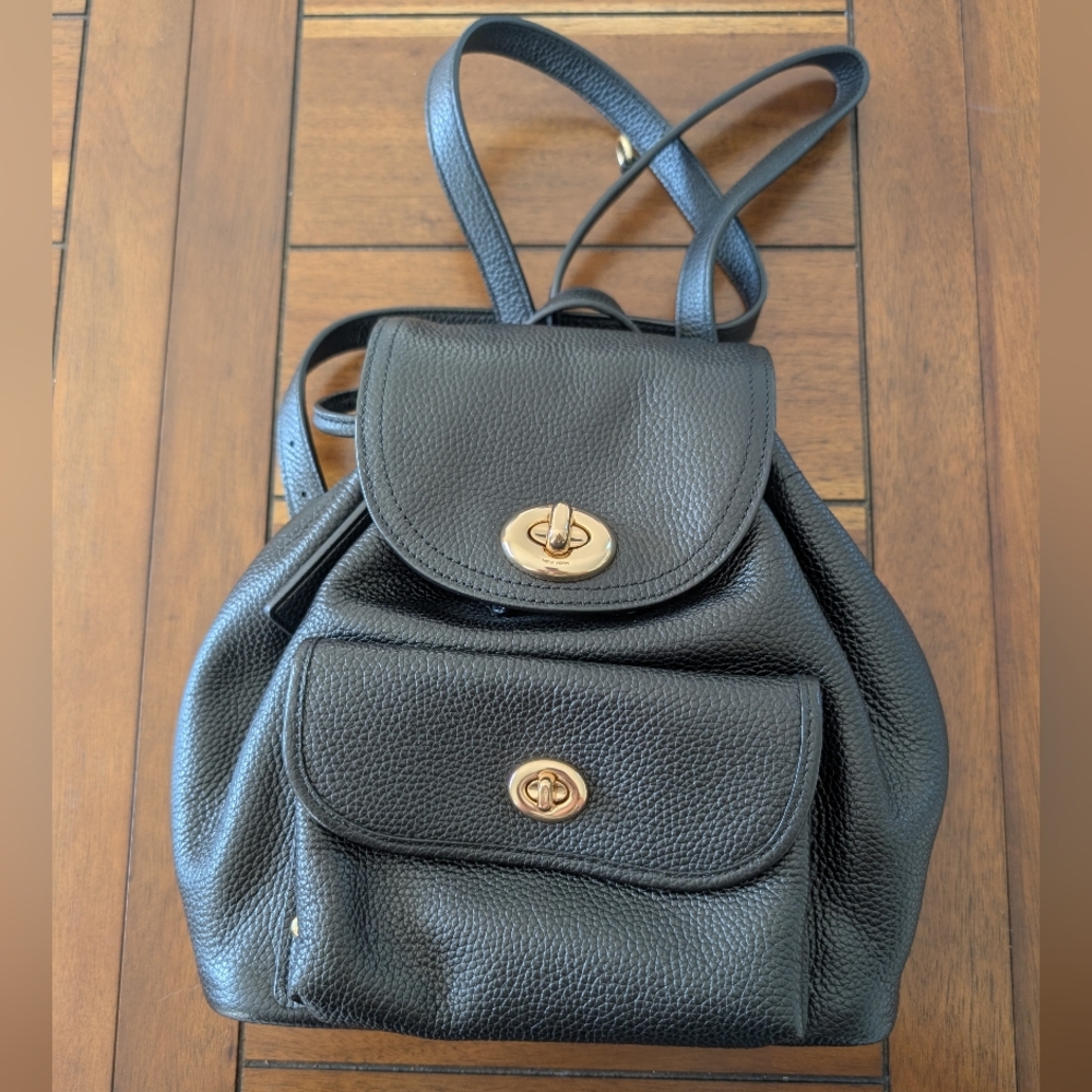 Coach Black Leather Backpack with Gold Accents